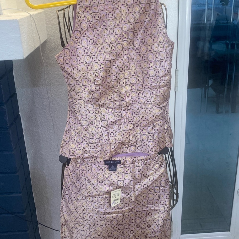 Ann Taylor Purple and Gold Patterned 100% Silk skirt and top